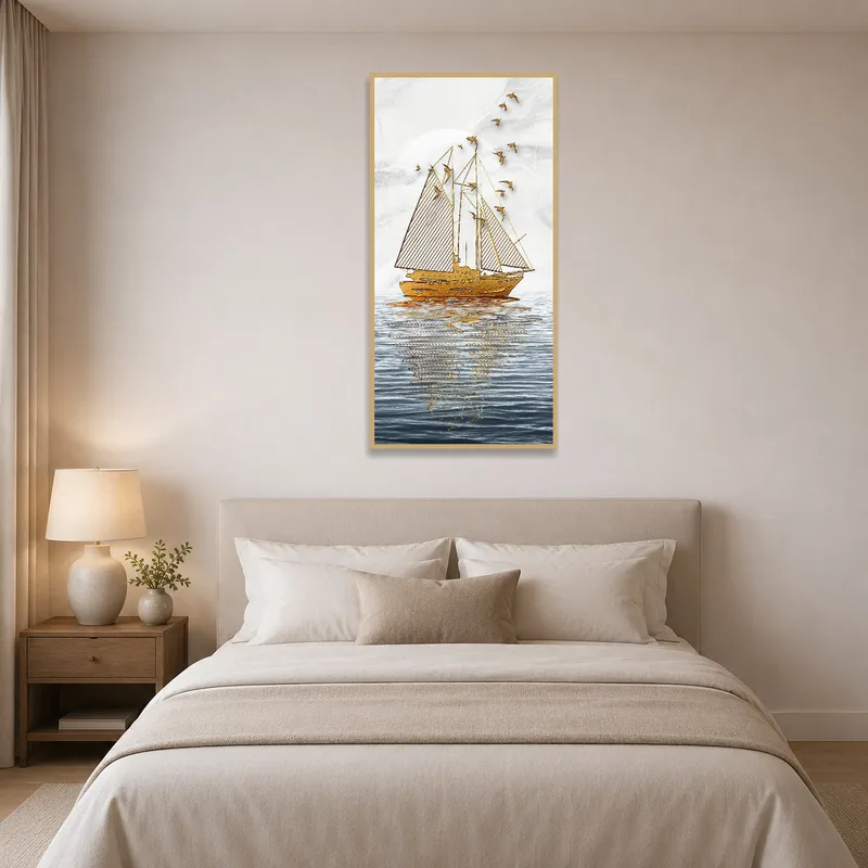 Golden sailboat scene brings tranquility to a calming bedroom space.