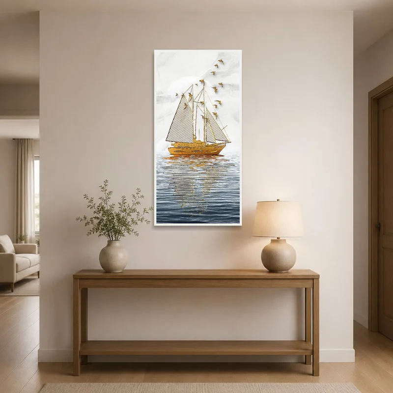 Golden sailboat painting welcomes guests in a stylish entrance hall.