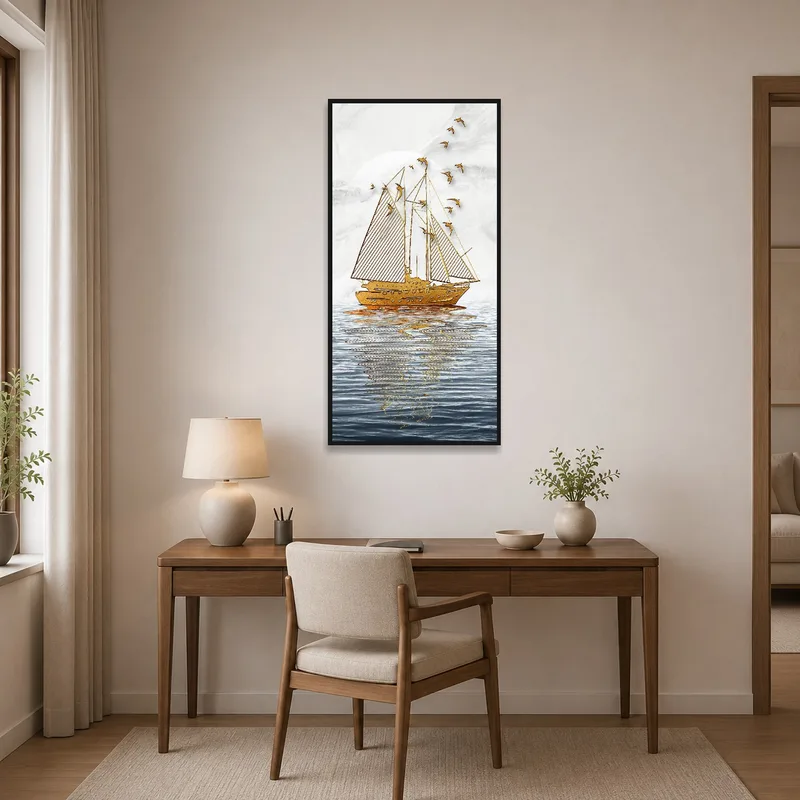 Golden sailboat artwork inspires creativity in a tidy home office.