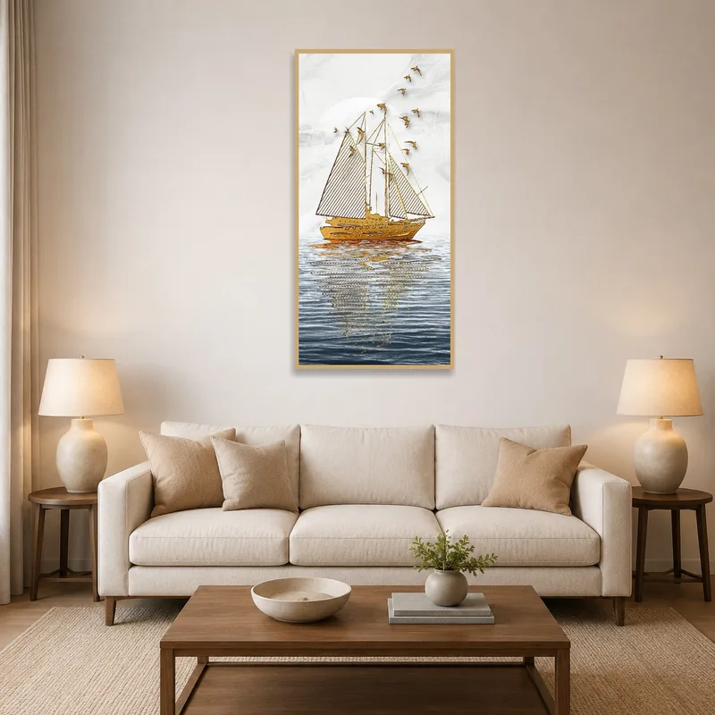 Golden sailboat artwork on serene waters hangs in a cozy living room setting.