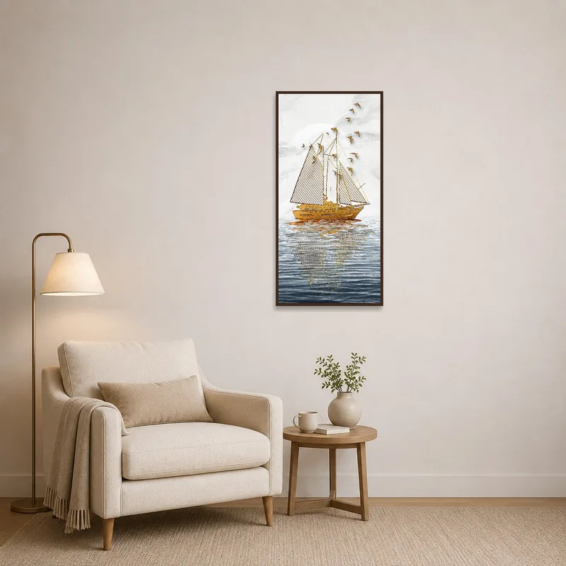 Golden sailboat wall art enhances a peaceful reading corner ambiance.