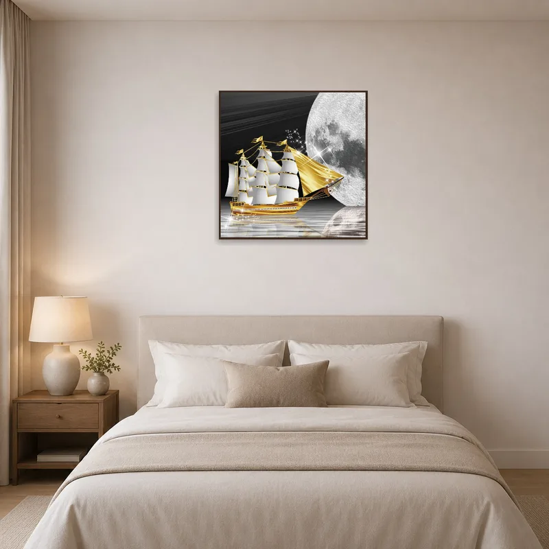 Bedroom wall adorned with serene golden ship and moonlit sea.