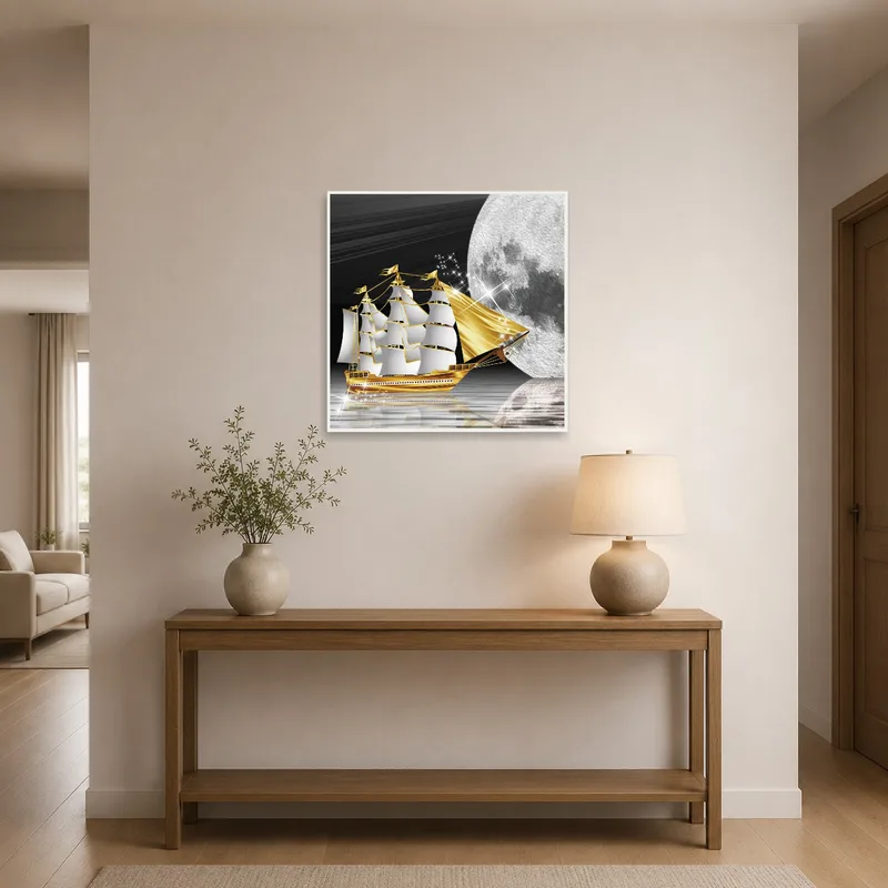 Golden sailing ship artwork welcomes guests in the entrance hall.