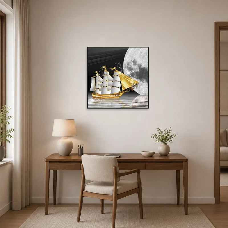 Home office ambience enriched by golden ship on moonlit waters.