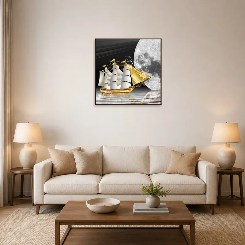 Golden sailing ship artwork under moonlight brightens the living room.