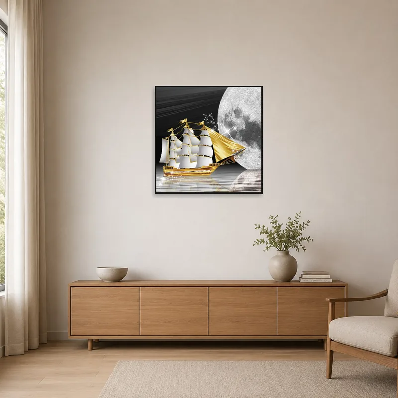 Minimalist design highlighted by golden ship under a moonlit sky.