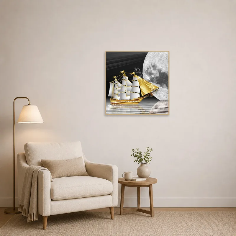 Reading corner enhanced by moonlit reflections on golden sailing ship.