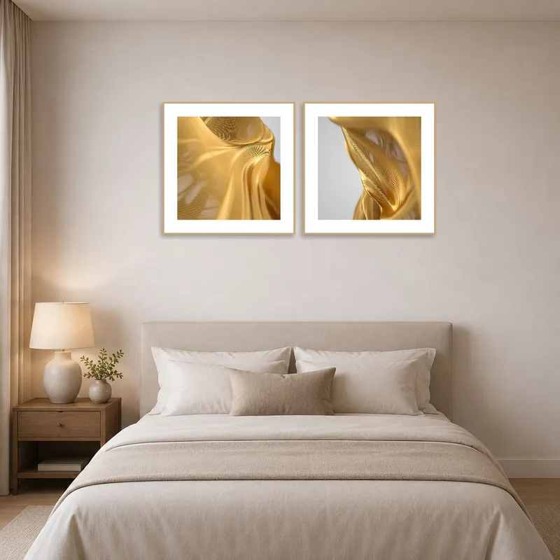 Bedroom featuring the Golden Satin abstract prints set above a plush bed with soft bedding.