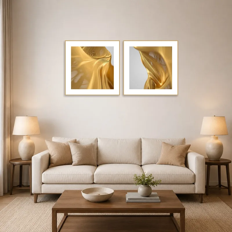 Golden Satin abstract prints set adorns a living room with a cozy couch and warm lighting.