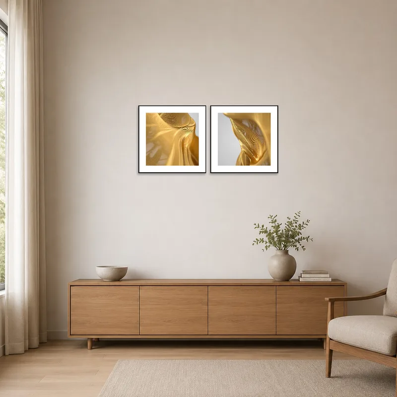 Minimalist room with Golden Satin abstract prints adding elegance to the clean, simple decor.