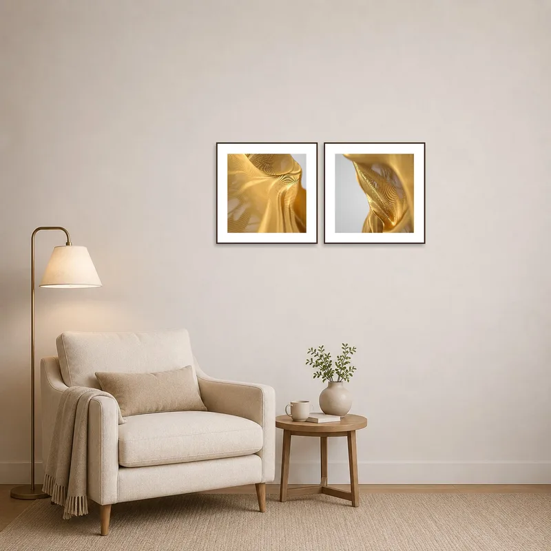 Reading corner with a comfy chair and Golden Satin abstract prints creating a serene ambiance.