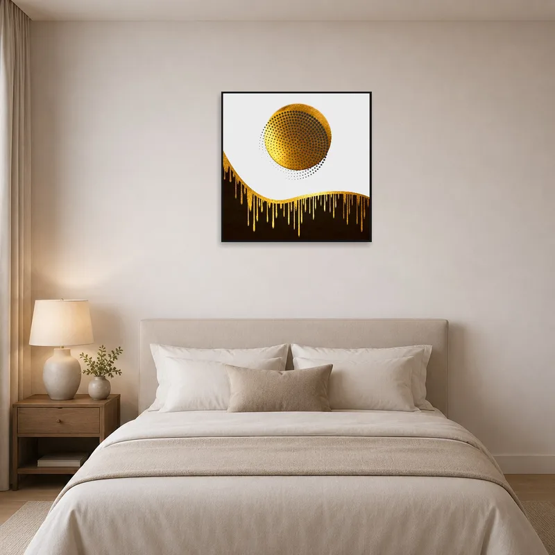 Bedroom wall enhanced by a golden sphere artwork, complementing soothing decor.