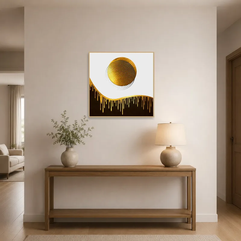 Artwork featuring a golden sphere welcoming guests in an elegant entrance hall.