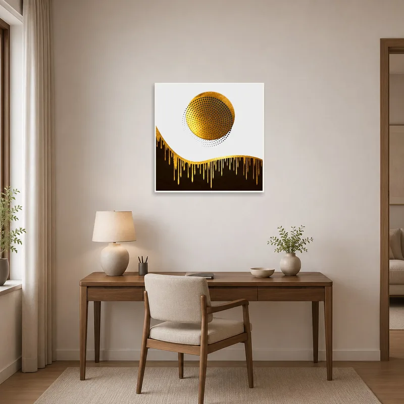 Office space energized by golden sphere and drips, adding artistic flair.
