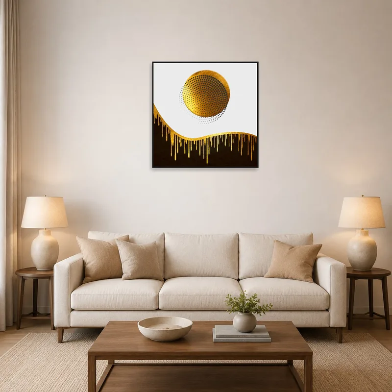 Art of a golden sphere with halftone drips above a modern living room couch.