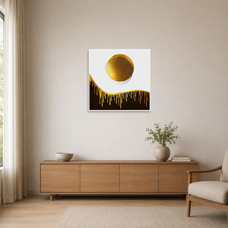 Golden sphere with drips hanging on a minimalist white wall.