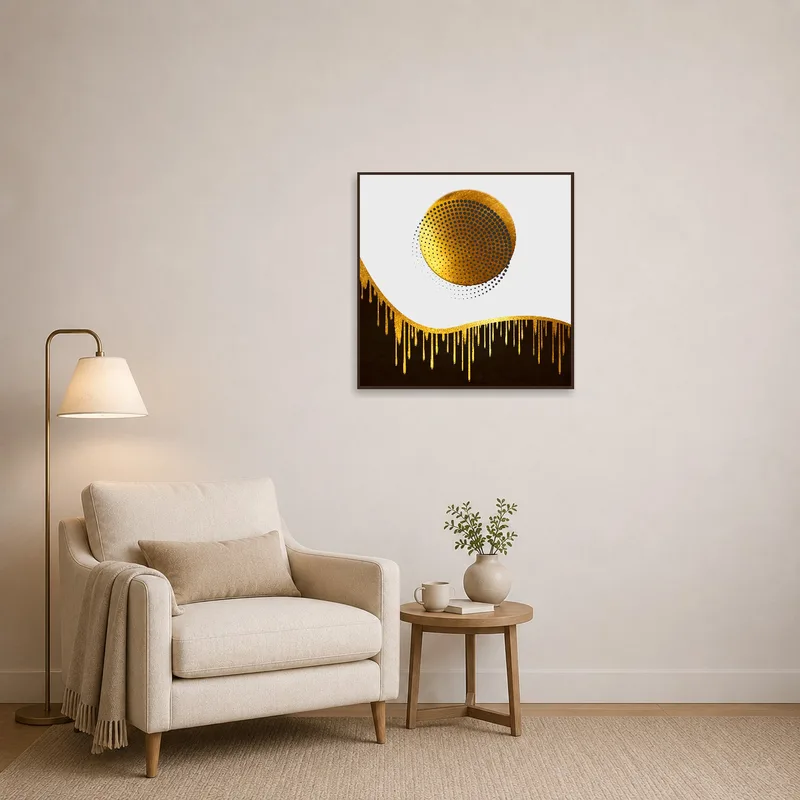 A serene reading corner adorned with art of a golden sphere and halftone drips.