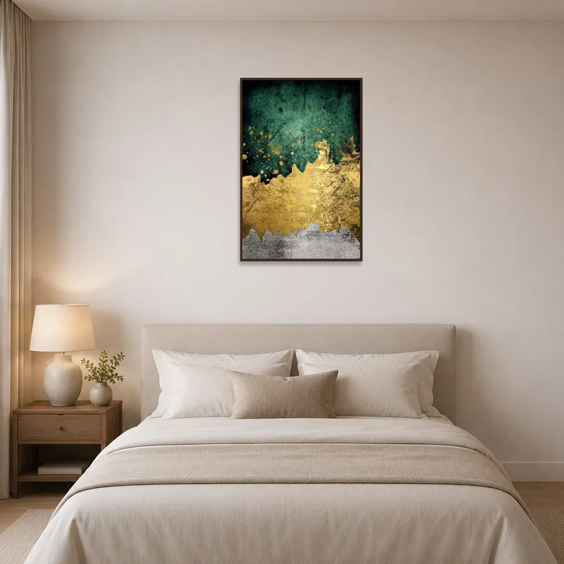 Golden splatter abstract art print adding warmth to a serene bedroom setting.