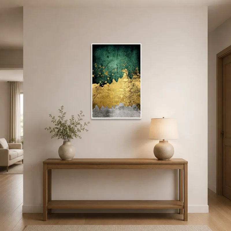 Golden splatter abstract art displayed by the entrance, adding flair to a welcoming hallway.