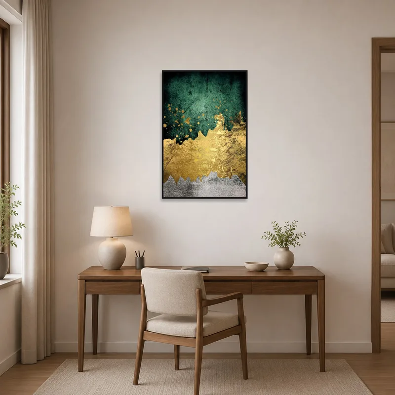 A golden splatter abstract art piece energizing a well-organized home office space.