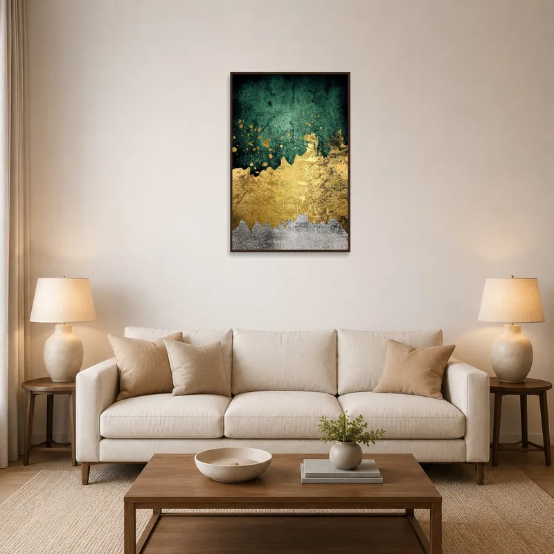 Golden splatter abstract art hung over a modern sofa in a spacious living room.