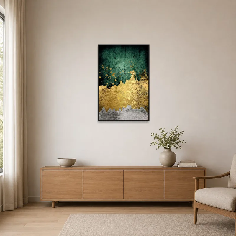 A simplistic room with a focus on a golden splatter abstract art on a pristine white wall.