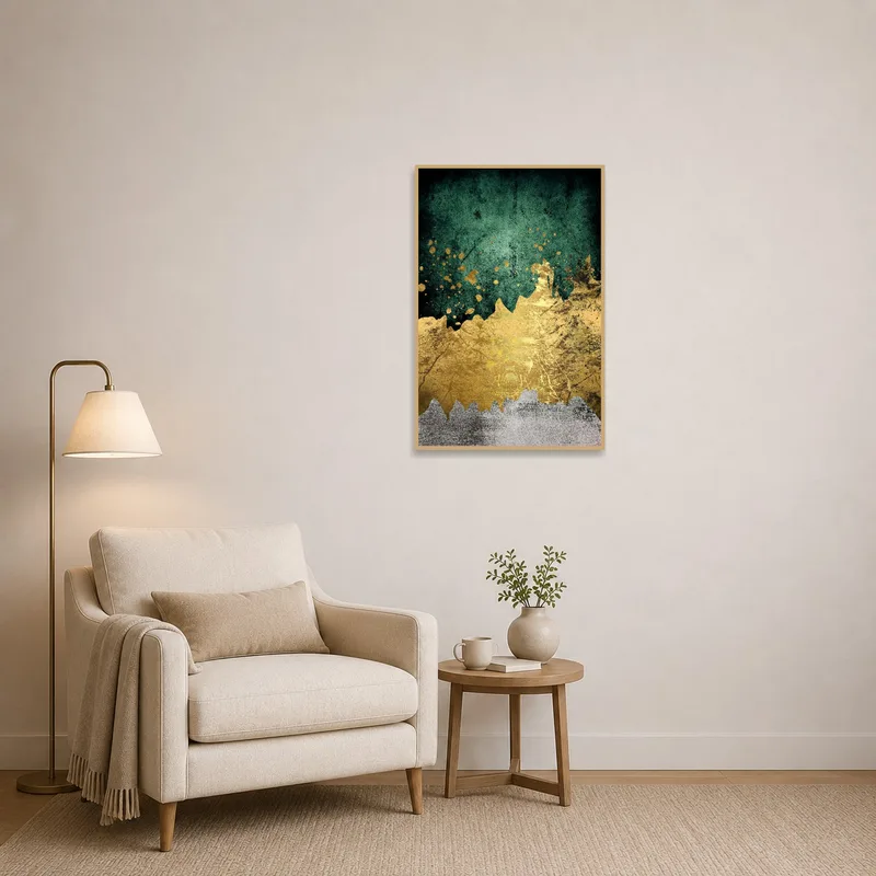A cozy reading nook enhanced by a vibrant golden splatter abstract art on the wall.