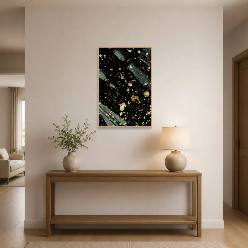Striking abstract piece with gold splatter in entrance hall for an inviting touch.
