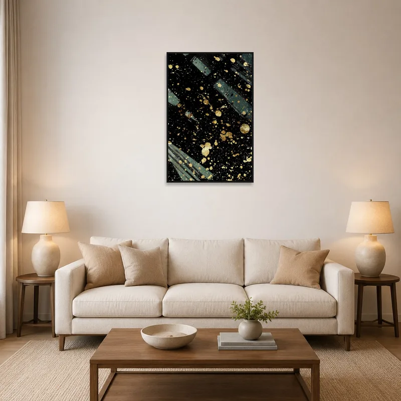 Golden abstract art on black in living room above a modern sofa.