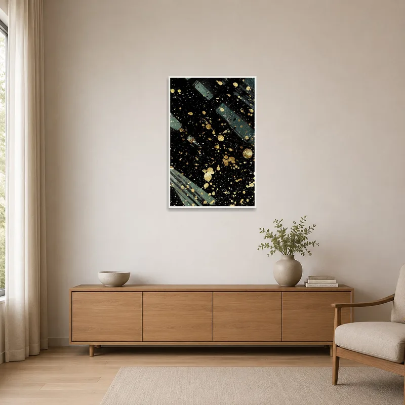 Elegant golden splatter art on black in a minimalist space with clean lines.