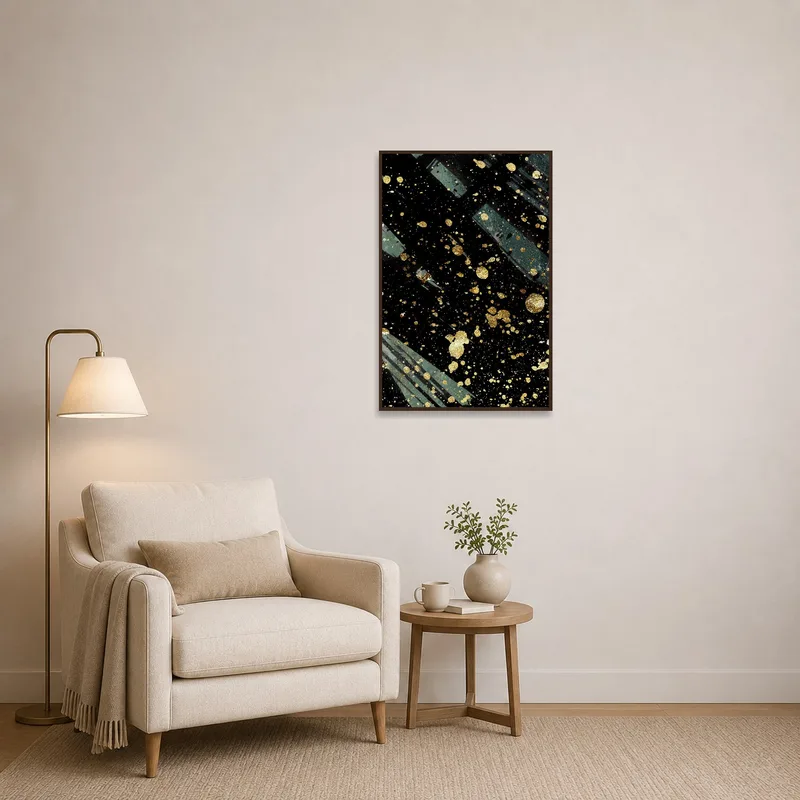 Abstract golden splatter art adding a touch of warmth in a cozy reading corner.