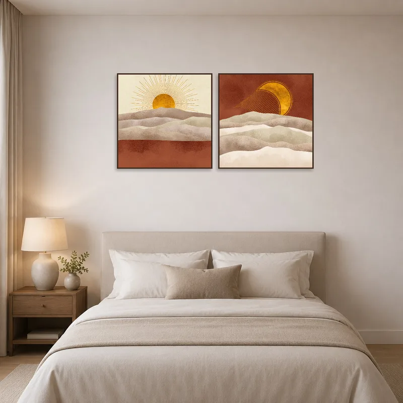 Bedroom wall displays a golden sun and moon art set for a serene vibe.