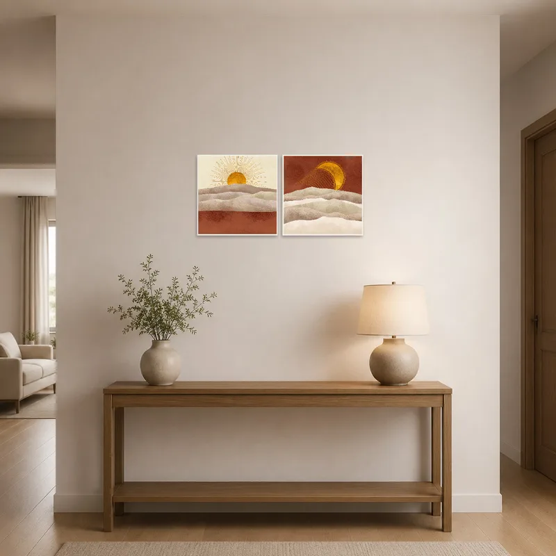 Entrance hall adorned with a golden sun and moon art set.