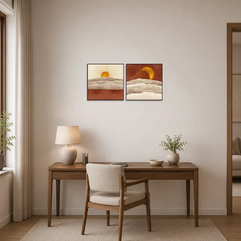Home office accented by a golden sun and moon abstract art set.