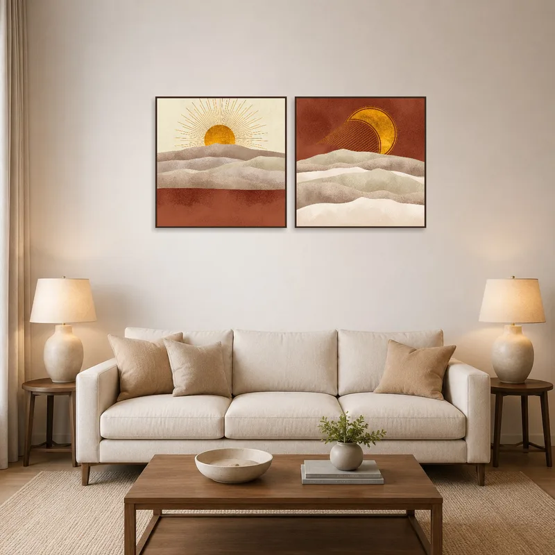 Golden sun and moon art set on living room wall with cozy seating.