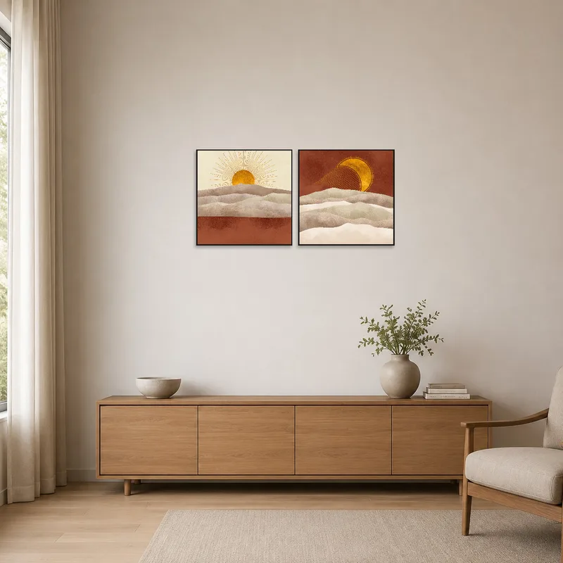 Minimalist room featuring golden sun and moon abstract art set.