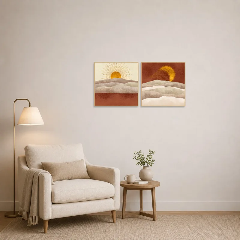 Reading corner enhanced by golden sun and moon abstract art set.