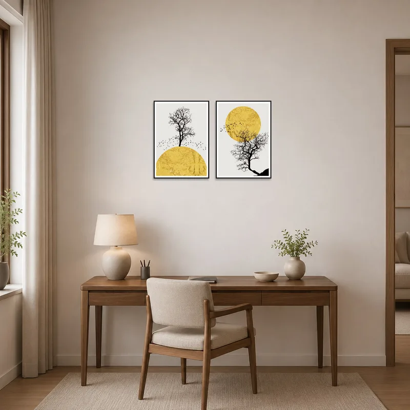Home office art featuring a pair of prints with a golden sun and tree silhouette, inspiring creativity.