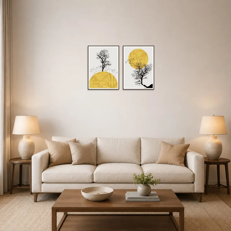 Golden diptych print set with a sun and tree silhouette on a living room wall above a modern sofa.