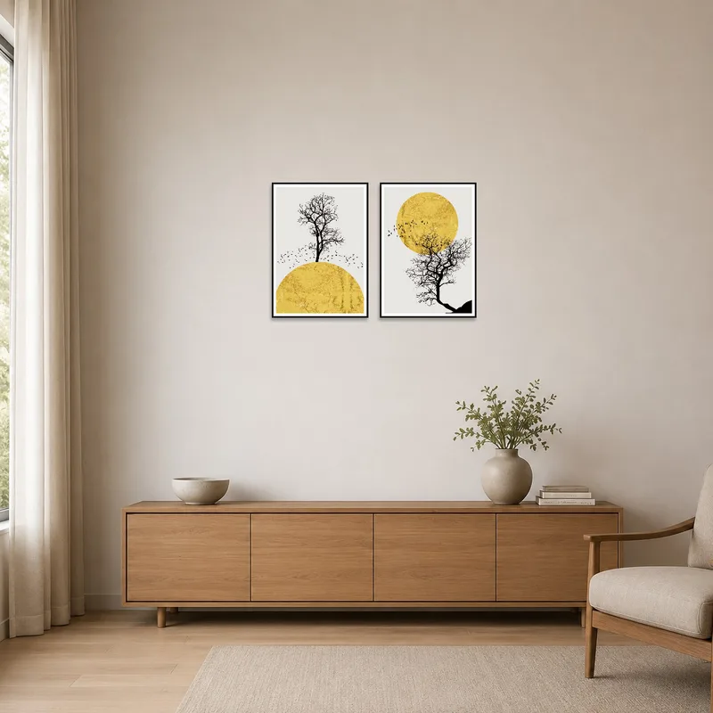 Minimalist room with golden diptych prints of a sun and tree silhouette, enhancing the simplistic decor.