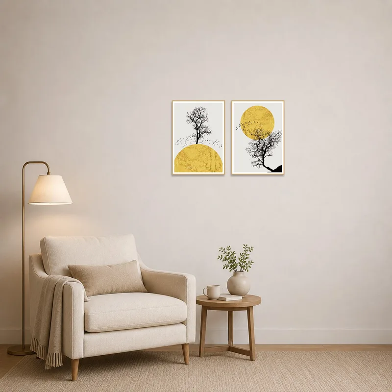 Reading corner adorned with a golden sun and silhouette tree diptych print set, adding warmth and charm.