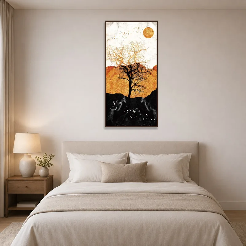 Serene bedroom featuring abstract gold sun and tree art.