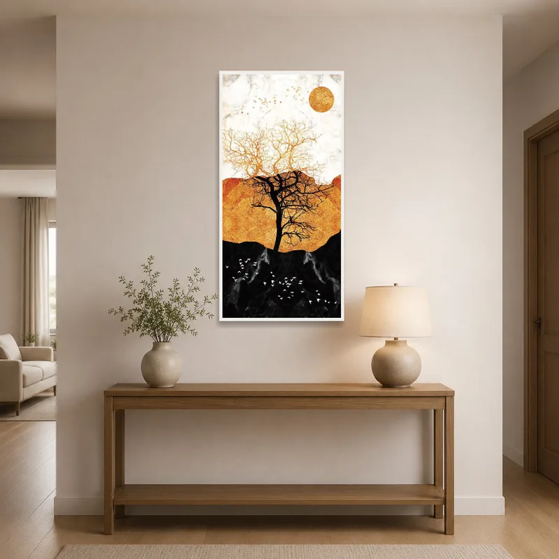 Golden sun and tree artwork highlighting an entrance hall.