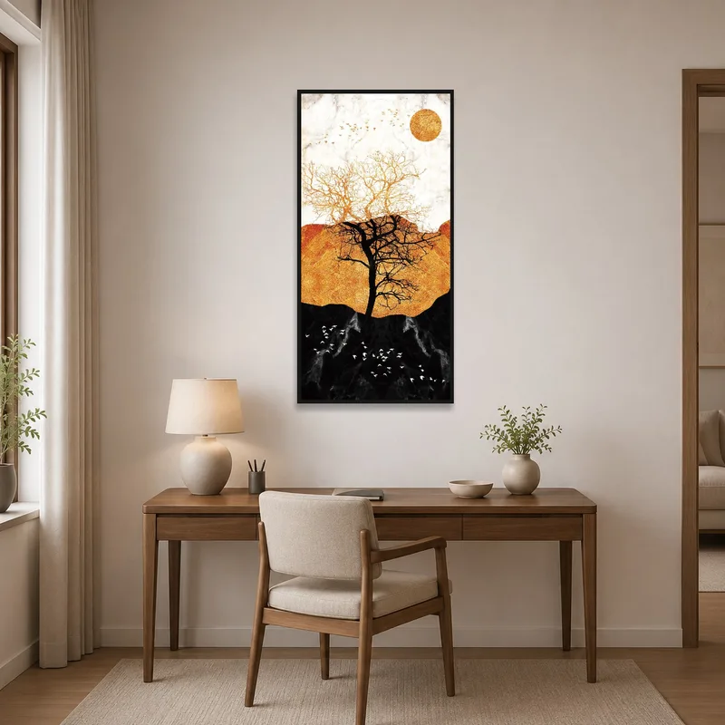 Abstract golden sun and tree art in a contemporary home office.
