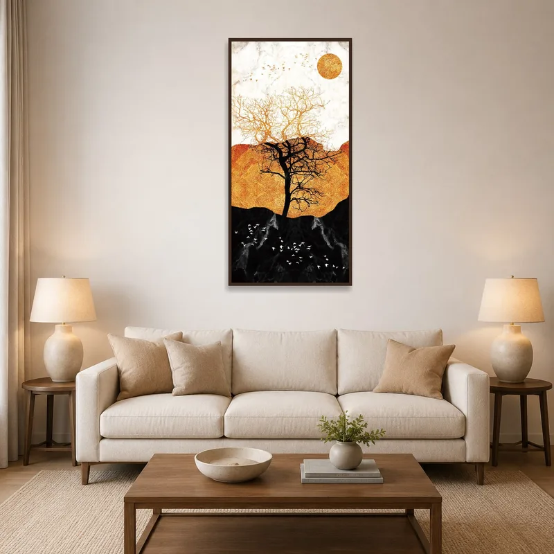 Abstract art of a golden sun and tree in a modern living room.