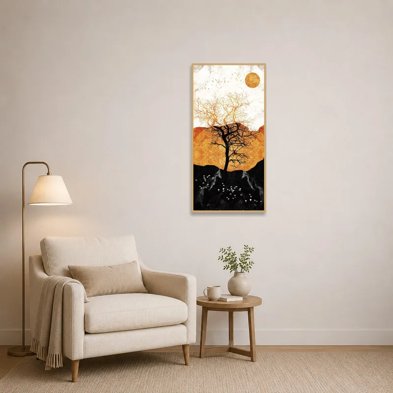 Abstract golden tree and sun art enhancing a reading corner.