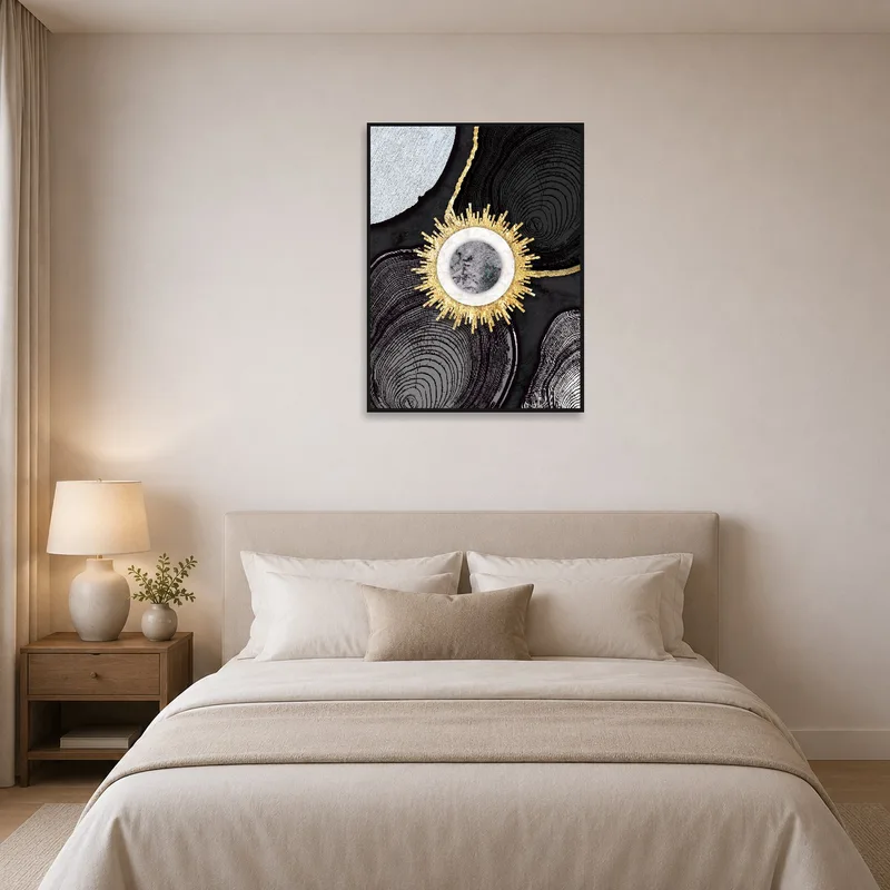 Golden Sunburst Geometric Art Print adding elegance above a bed in the bedroom.
