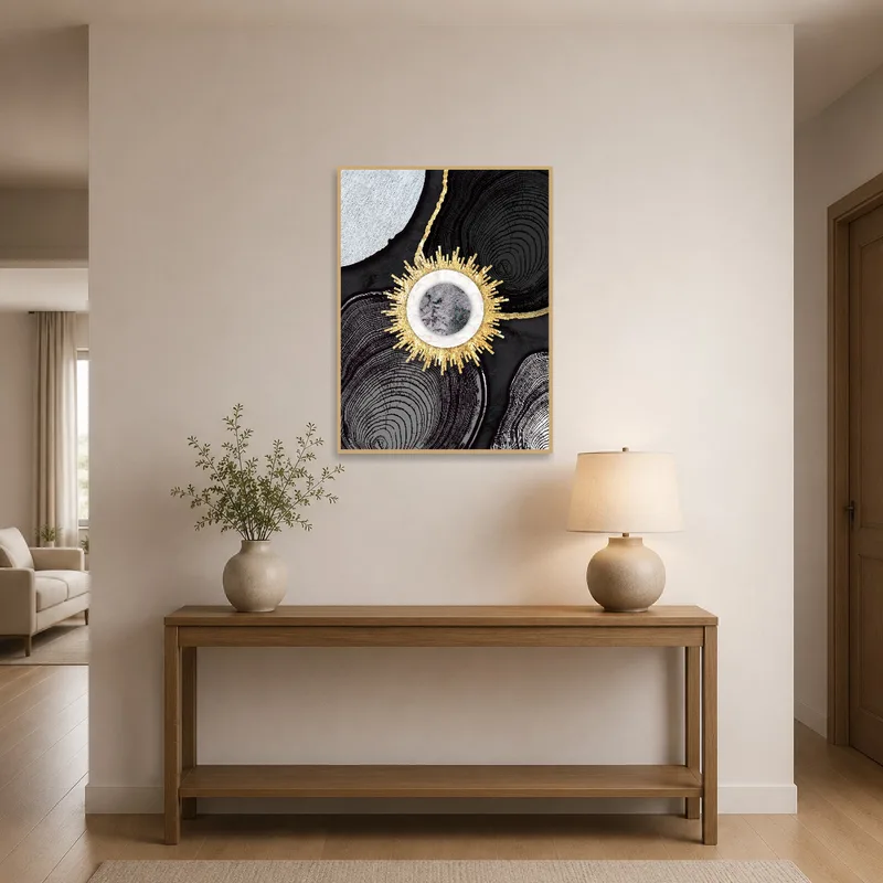 Golden Sunburst Geometric Art Print welcoming guests in a bright entrance hall.