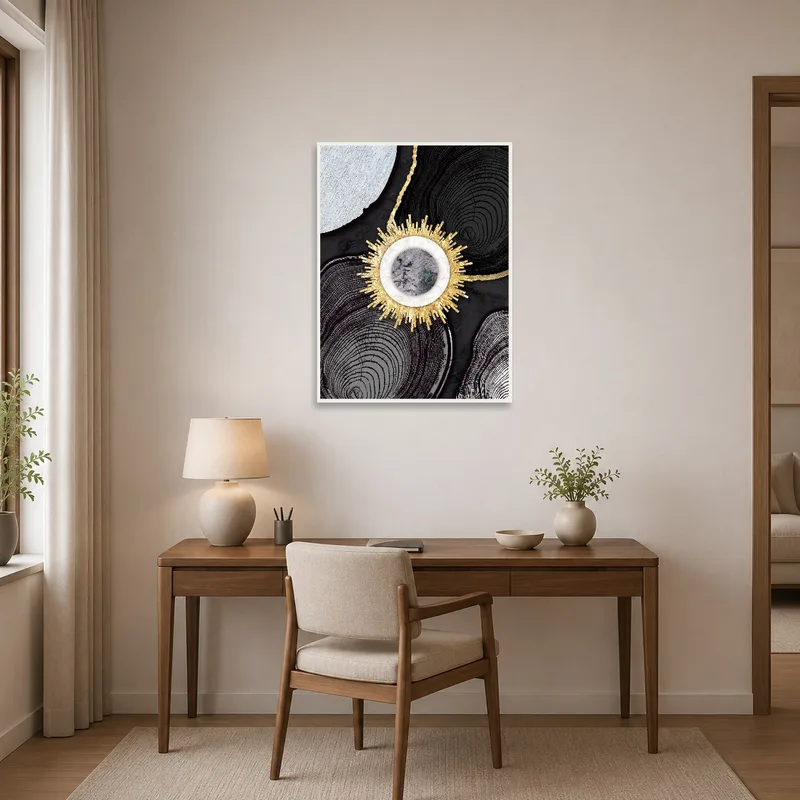 Golden Sunburst Geometric Art Print inspiring creativity in a chic home office.