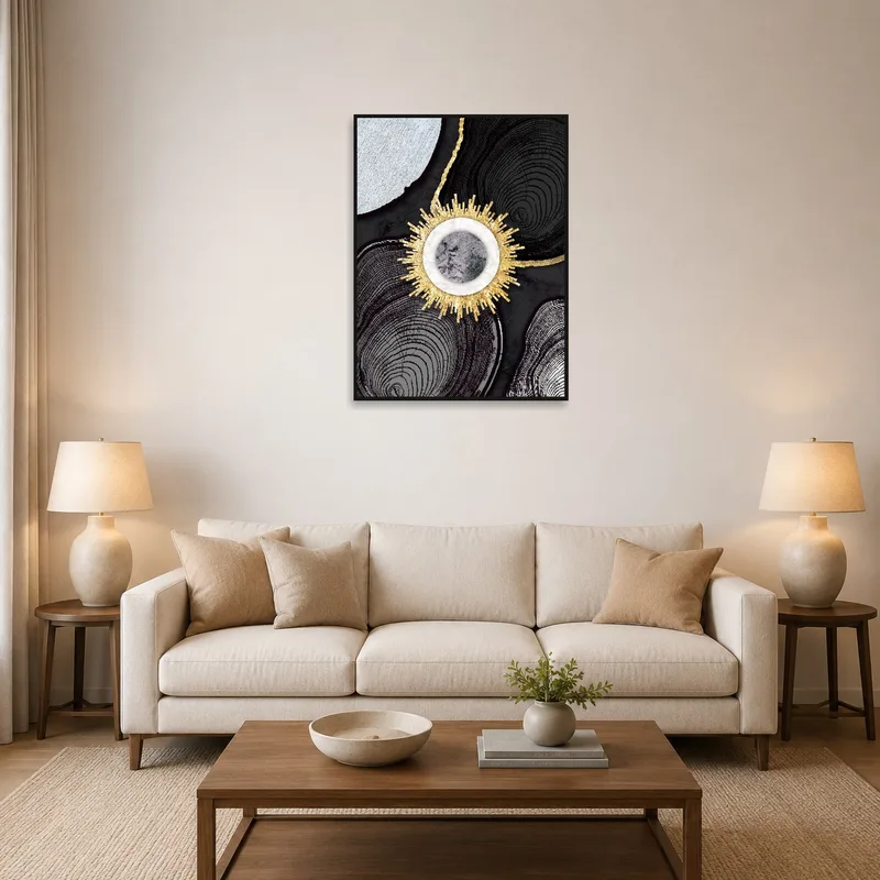 Golden Sunburst Geometric Art Print above a modern sofa in a stylish living room.